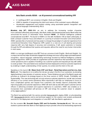 Axis Bank 推出 AXAA – 一款由人工智能驱动的对话式银行 IVR